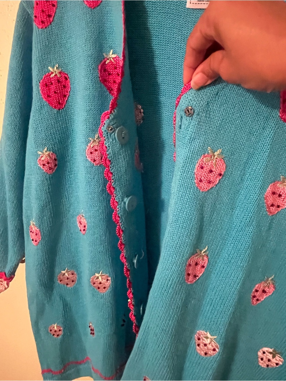 Storybook Knits NWT VINTAGE STRAWBERRY Cardigan Blue Crochet Trim Sweater - Picture 13 of 13